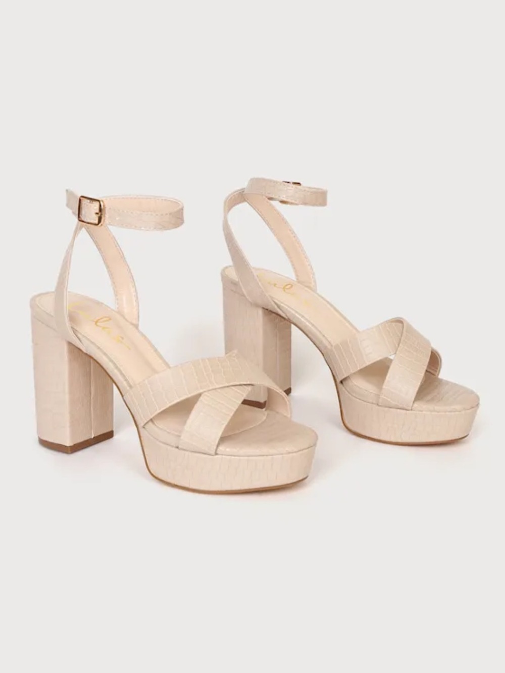 Selah Light Nude Crocodile-Embossed Ankle Strap Heels